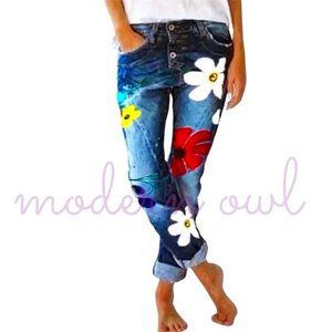 Plus size, Painted Flower Button Fly Pencil Denim Jea…